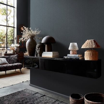 All Living Room wallpaper styles at Decor Warehouse. Image of modern living room with black herringbone wallpaper