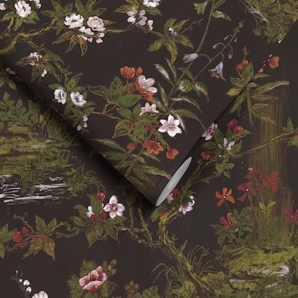 Black designer hallway wallpaper with vibrant colorful floral design – click to view designers hallway wallpapers