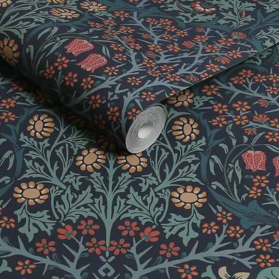Shop Navy Wallpaper Collection - Navy floral design wallpaper roll by william morris