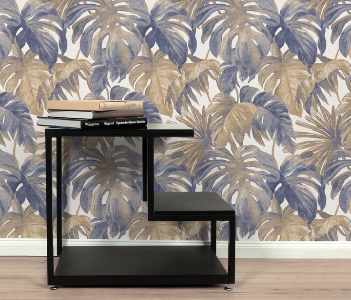 Erismann Forest Dreams Monstera Leaves Blue Wallpaper