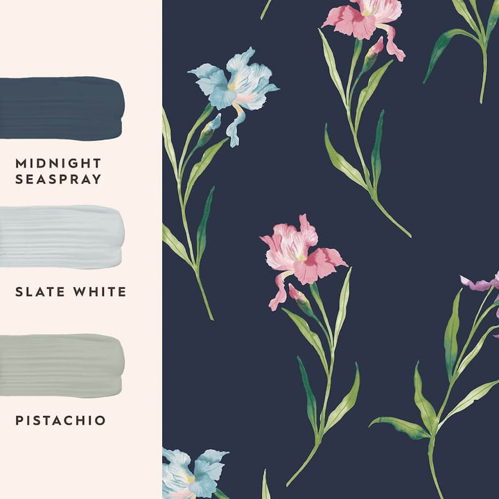 Laura Ashley Hawling Irises Midnight Seaspray Wallpaper