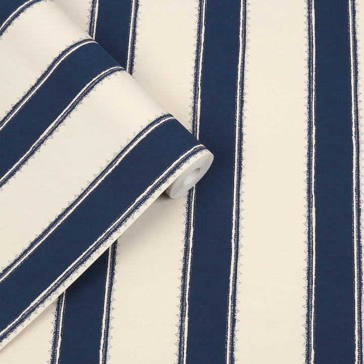 Laura Ashley Denwick Stripe Midnight Seaspray Wallpaper