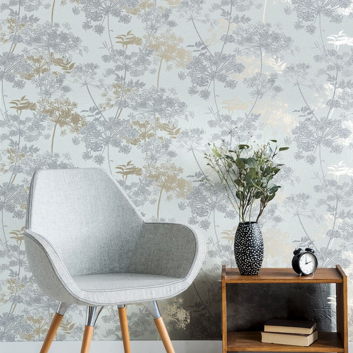 Superfresco Meadow Grey and Gold Botanical Wallpaper