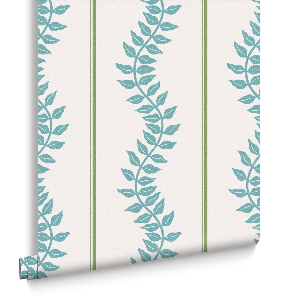 Graham & Brown Laurel Leaf Stripe Blue & Green Wallpaper