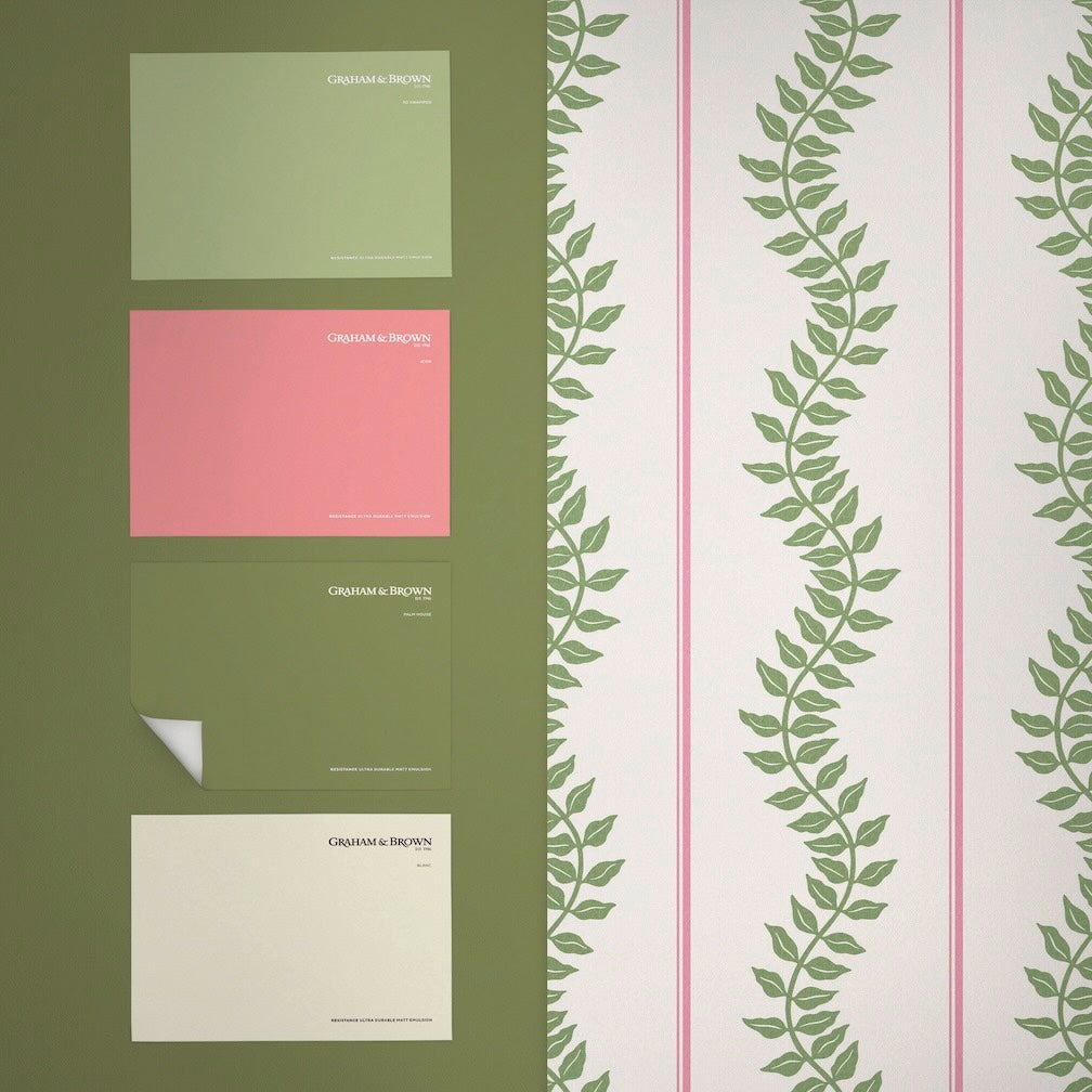 Graham & Brown Laurel Leaf Stripe Pink & Green Wallpaper