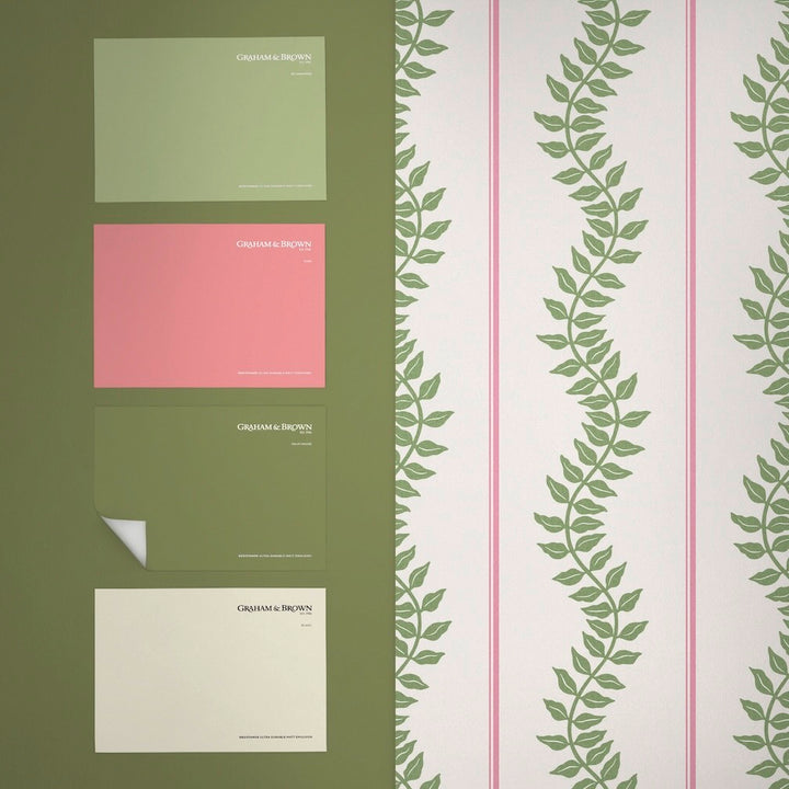 Graham & Brown Laurel Leaf Stripe Pink & Green Wallpaper