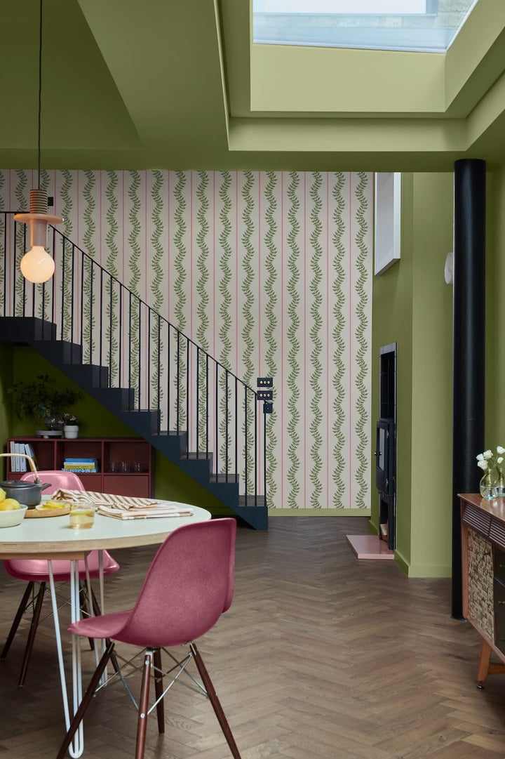 Graham & Brown Laurel Leaf Stripe Pink & Green Wallpaper