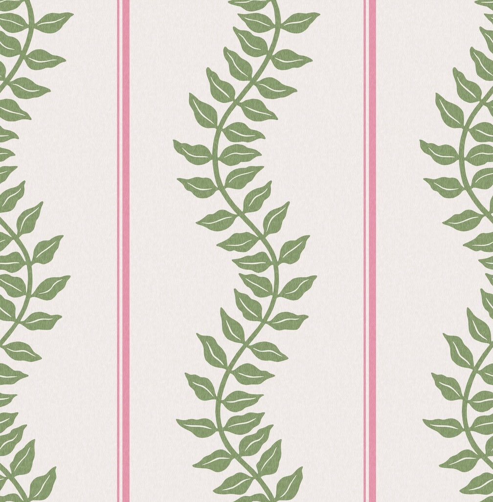 Graham & Brown Laurel Leaf Stripe Pink & Green Wallpaper