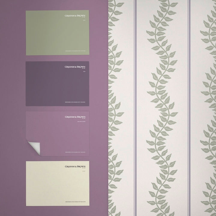 Graham & Brown Laurel Leaf Stripe Mauve & Sage Wallpaper