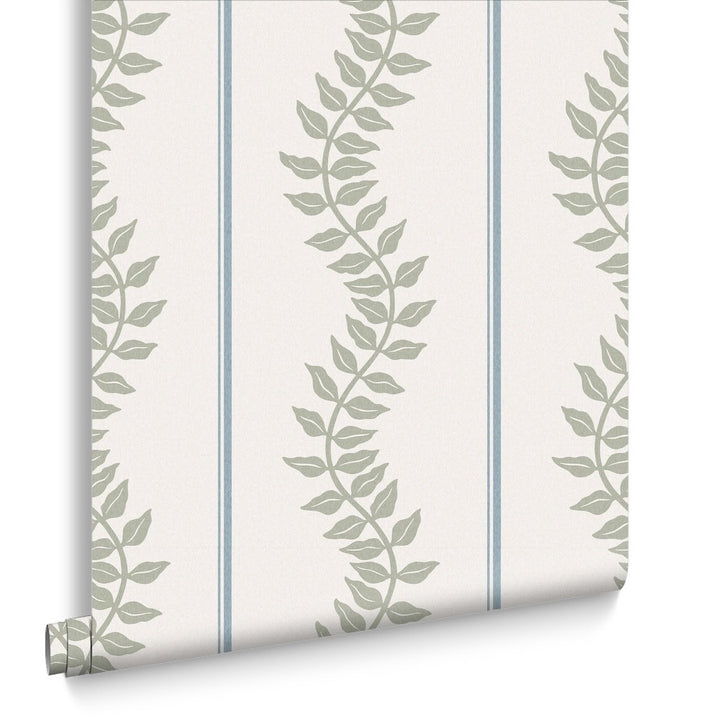 Graham & Brown Laurel Leaf Stripe Sky & Green Wallpaper