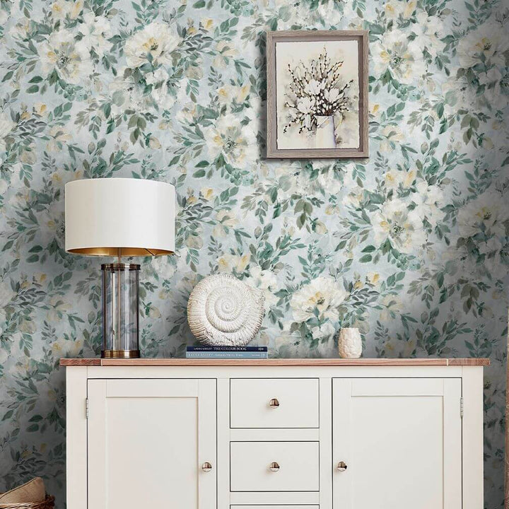 Laura Ashley Elowen Peony Pale Teal Wallpaper