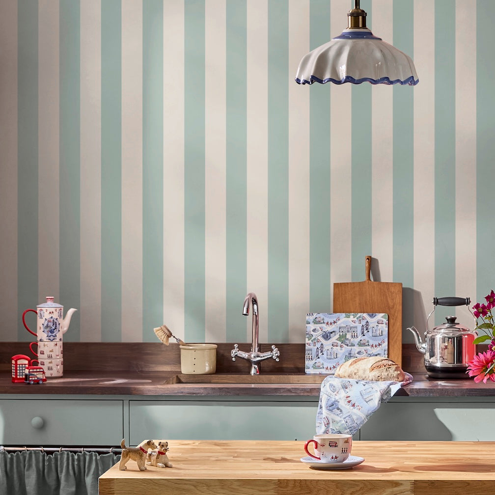 Cath Kidston Canopy Stripe Blue and Cream Wallpaper