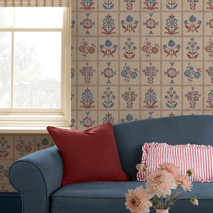 Joules Garden Floral Grid Red & Blue Wallpaper