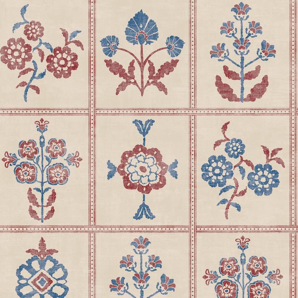 Joules Garden Floral Grid Red & Blue Wallpaper