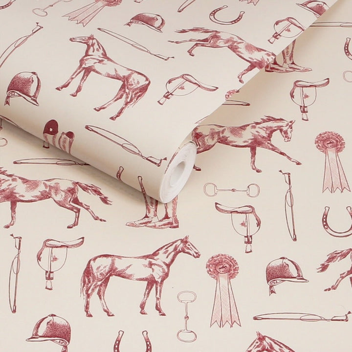 Joules Sketched Equestrian Print Cream & Burgundy Wallpaper