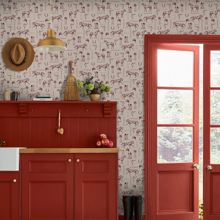 Joules Sketched Equestrian Print Cream & Burgundy Wallpaper