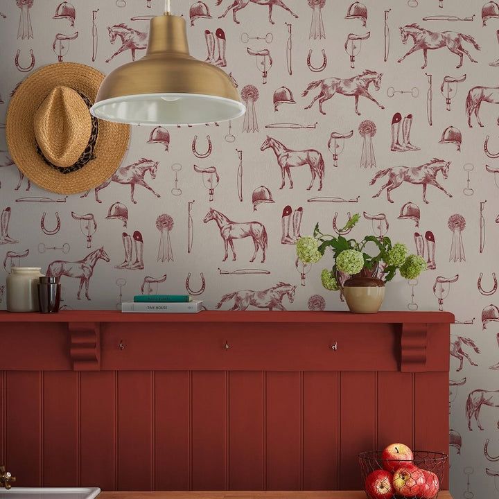 Joules Sketched Equestrian Print Cream & Burgundy Wallpaper