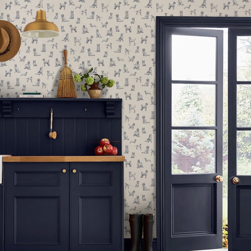 Joules Sketched Dogs Cream & Blue Wallpaper
