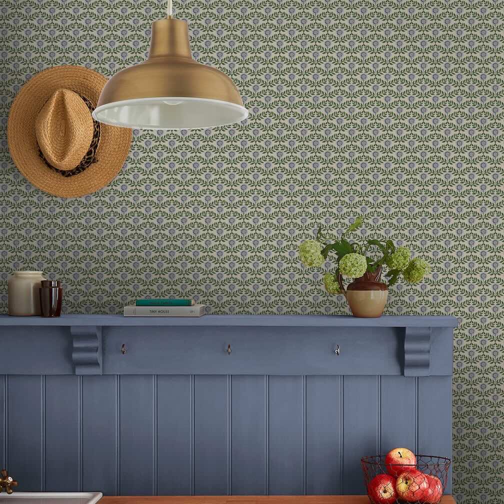 Joules Stately Floral Green & Blue Wallpaper