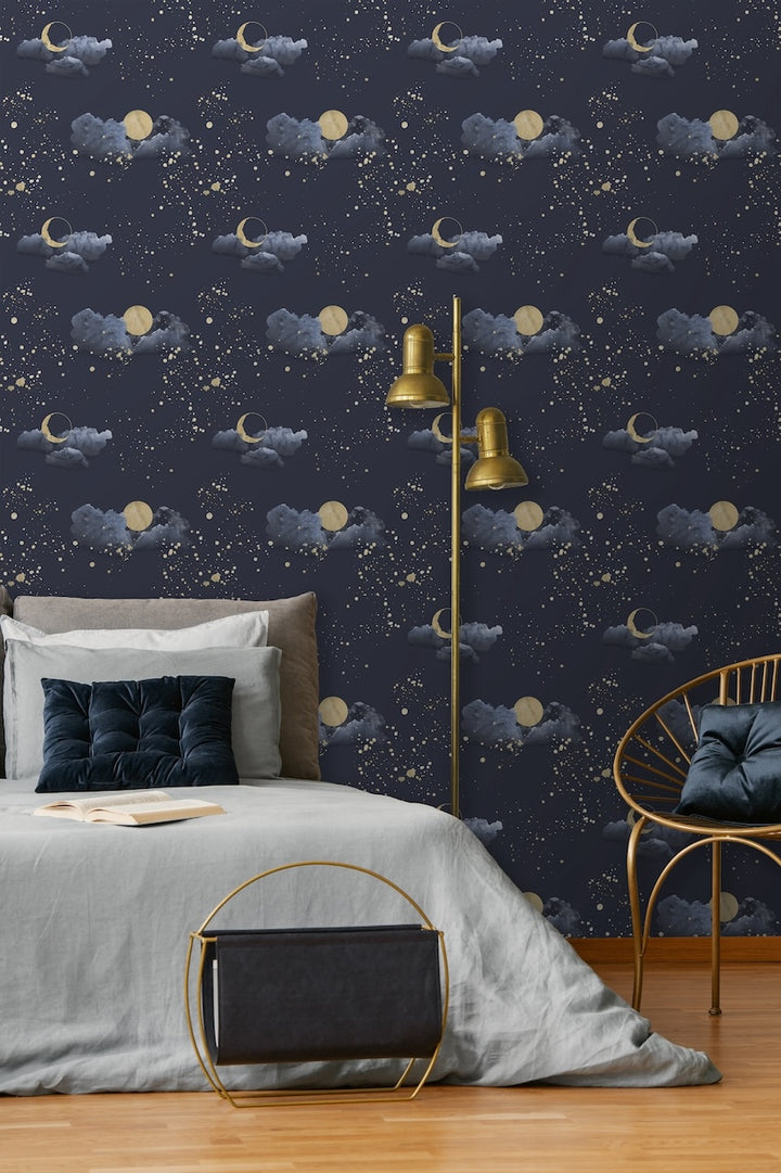 Muriva Night Sky Blue & Gold Wallpaper
