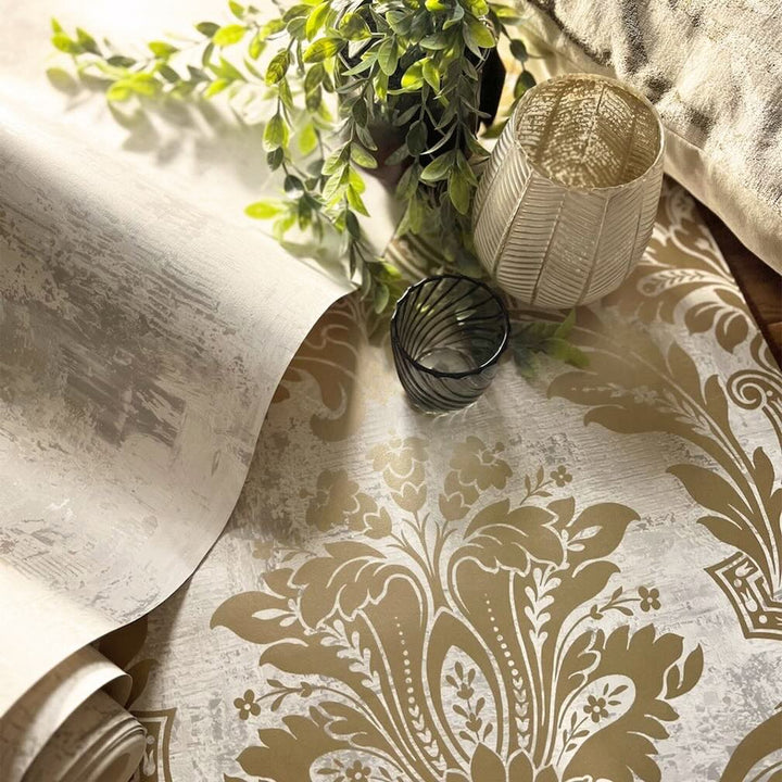Belgravia Plaster Damask and Linear Concrete Gold Wallpaper