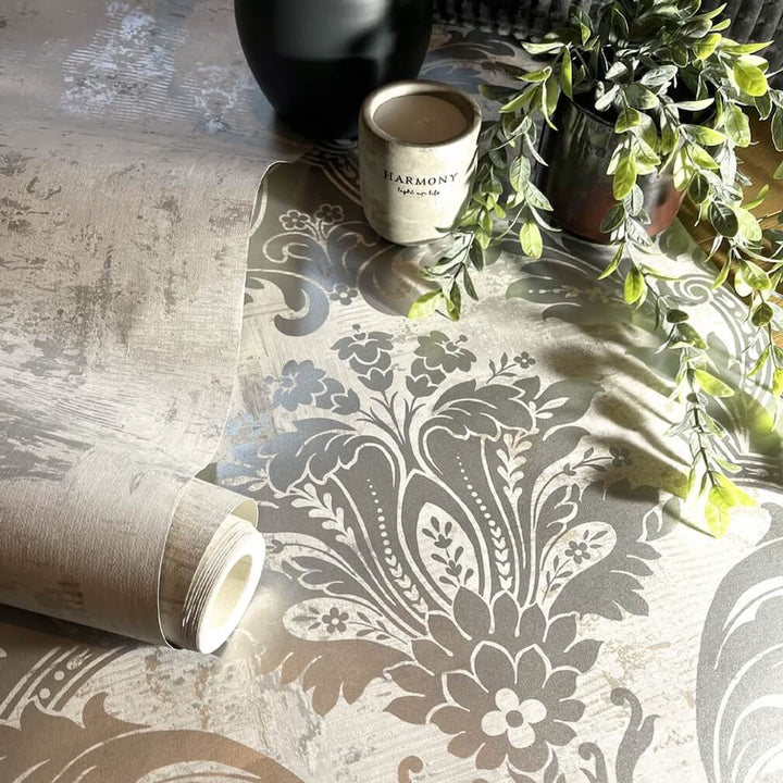 Belgravia Plaster Damask and Linear Concrete Silver Wallpaper