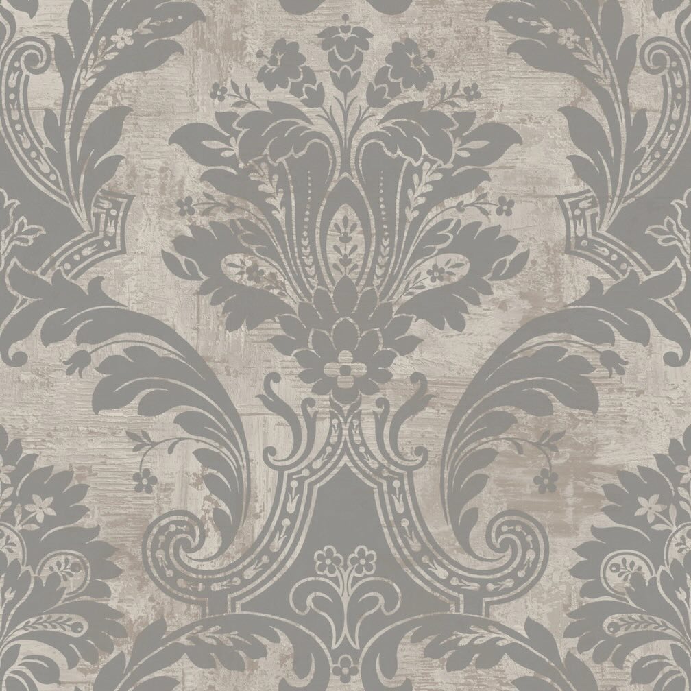 Belgravia Plaster Damask and Linear Concrete Silver Wallpaper