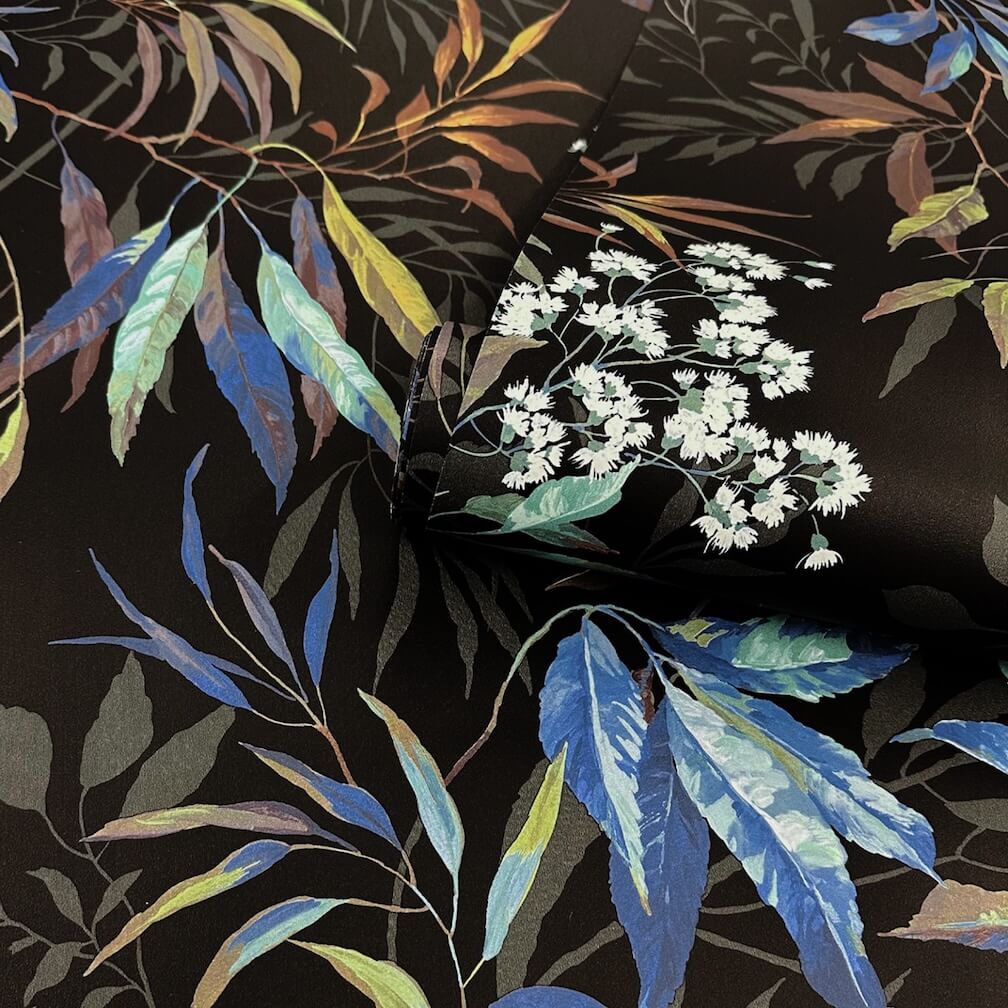 Belgravia Kanata Leaf Cobalt Blue Black Wallpaper