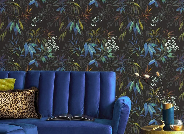 Belgravia Kanata Leaf Cobalt Blue Black Wallpaper