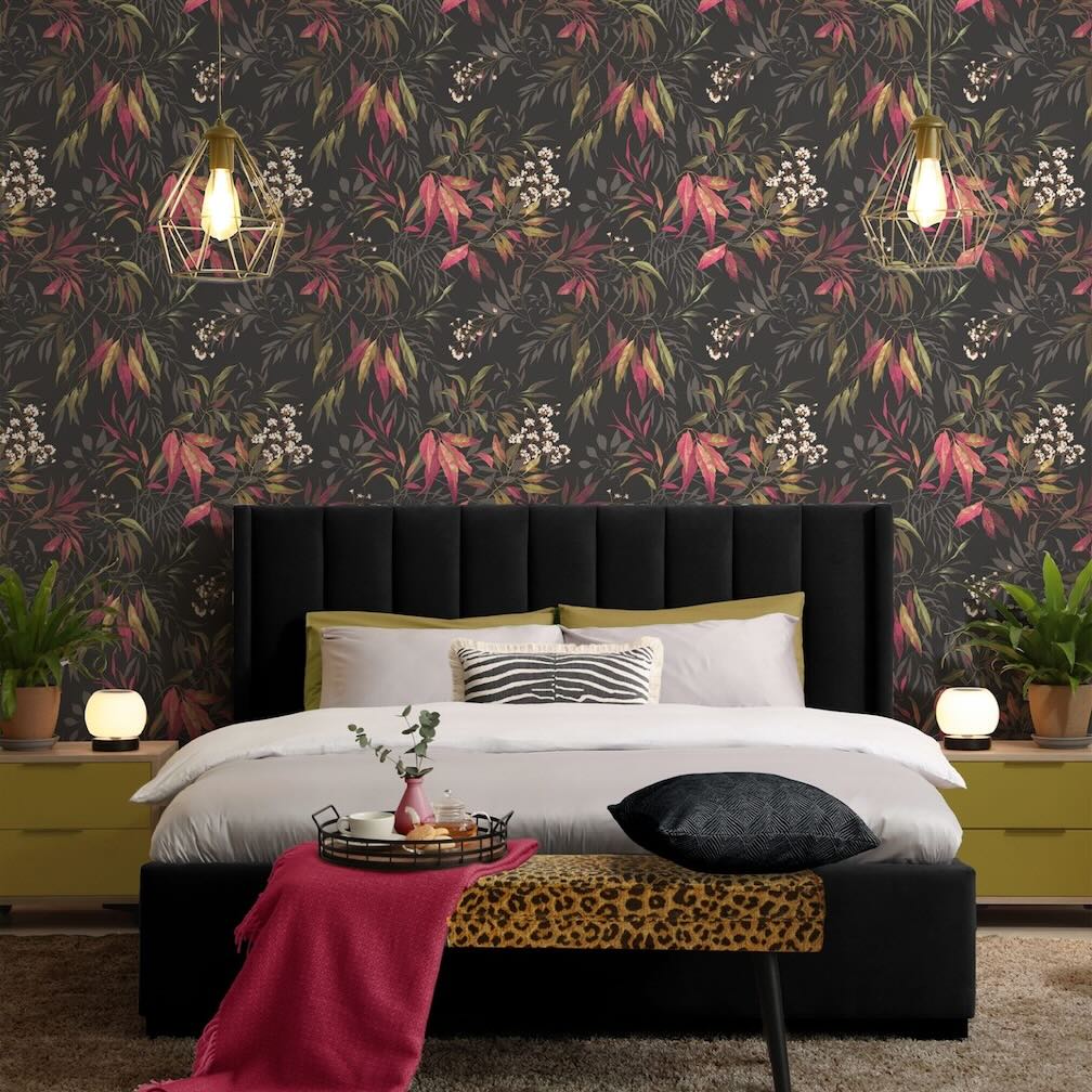 Belgravia Kanata Leaf Pink Charcoal Wallpaper