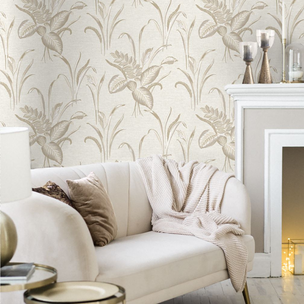 Belgravia Palma Leaf White & Champagne Wallpaper