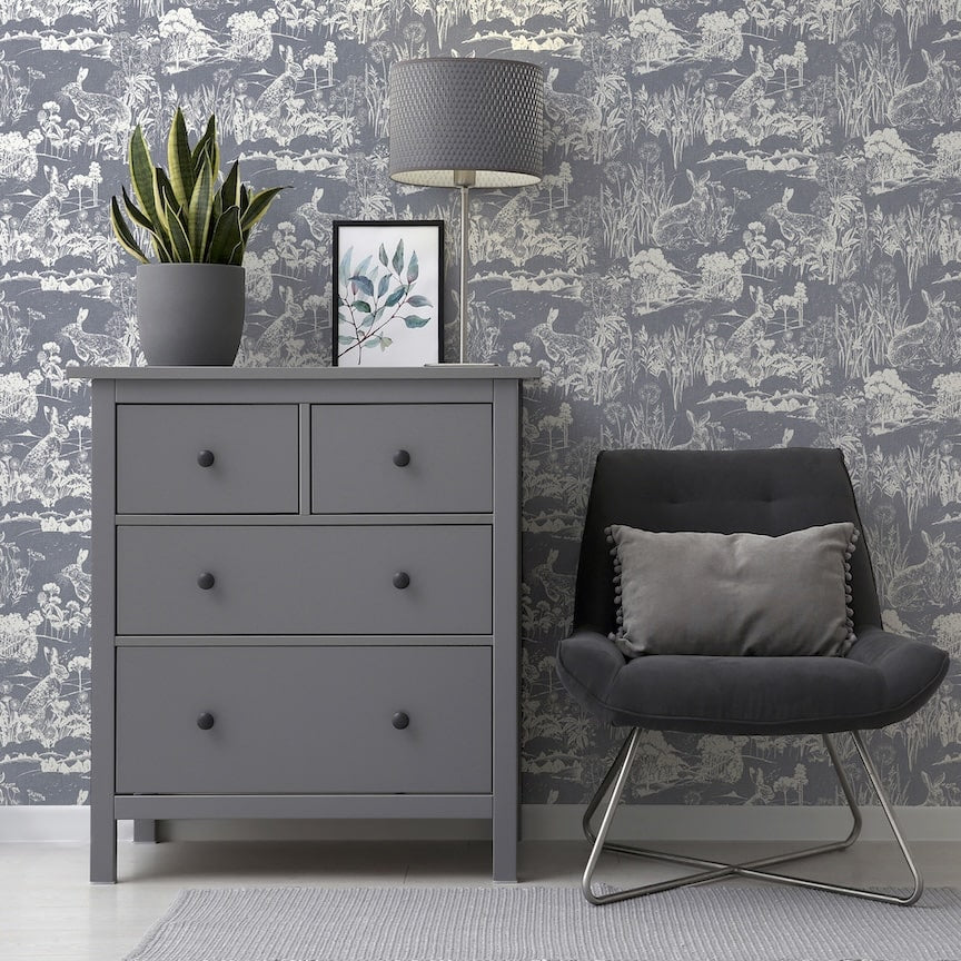 Arthouse Meadow Hare Navy Wallpaper