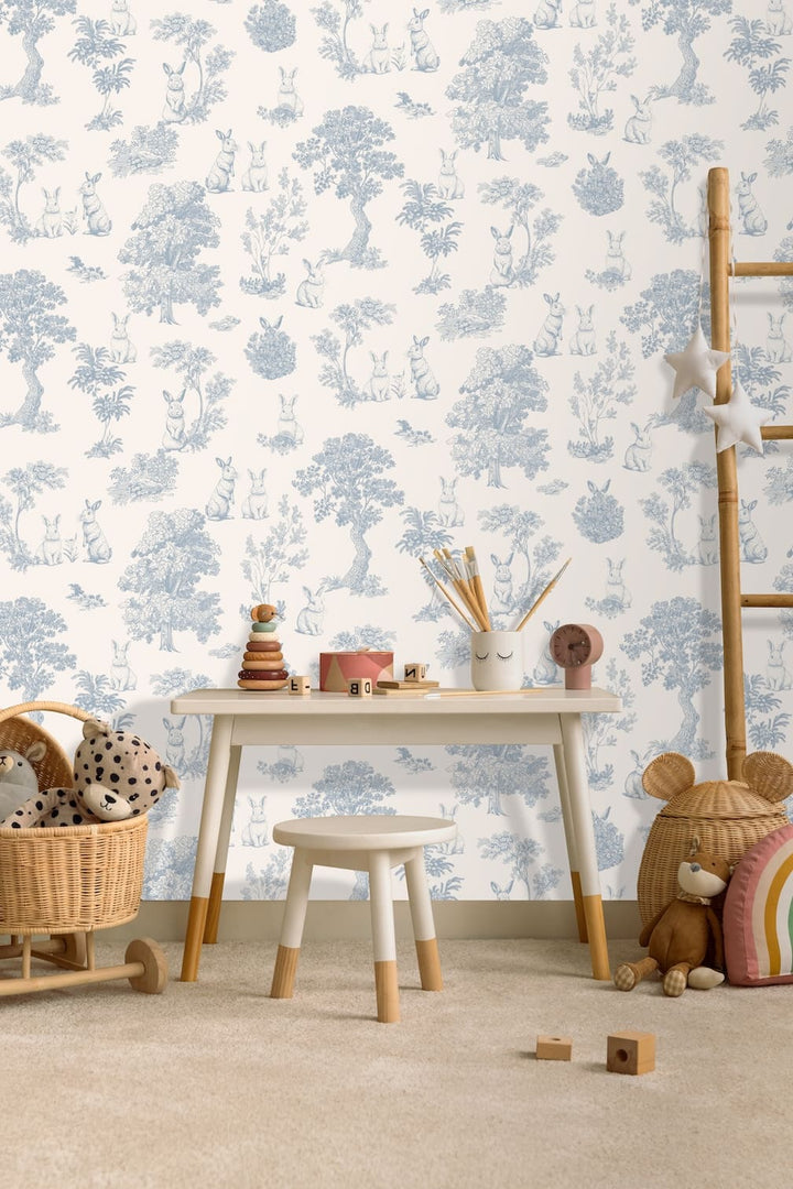 Muriva Sweet Dreams Bunny Toile Blue Wallpaper