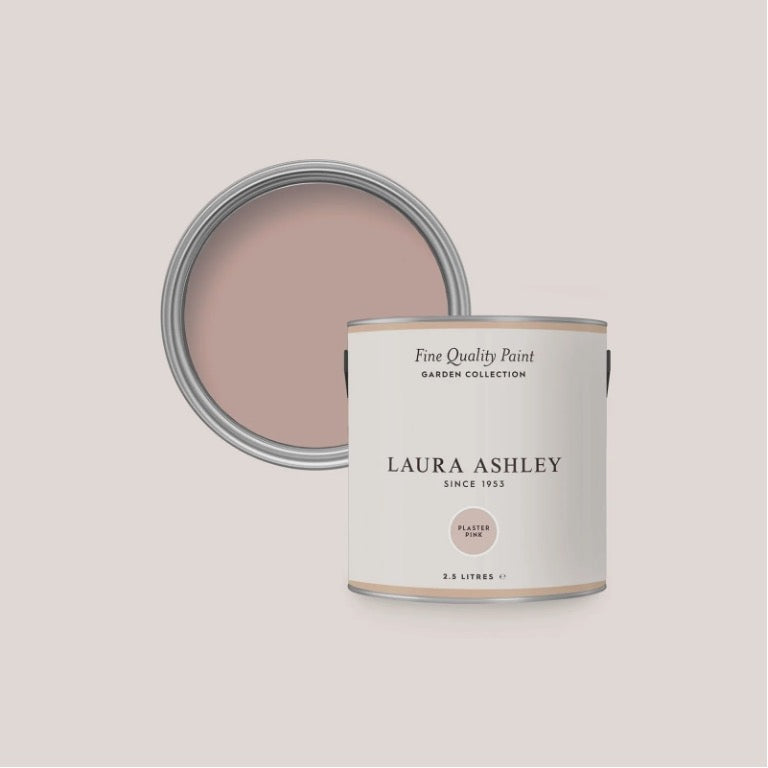 Laura Ashley emulsion plaster pink paint tin and swatch. Shop Laura Ashley emulsion paint collection