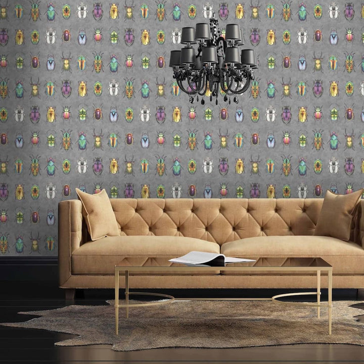 Beetle Jewels Multi Charcoal Wallpaper