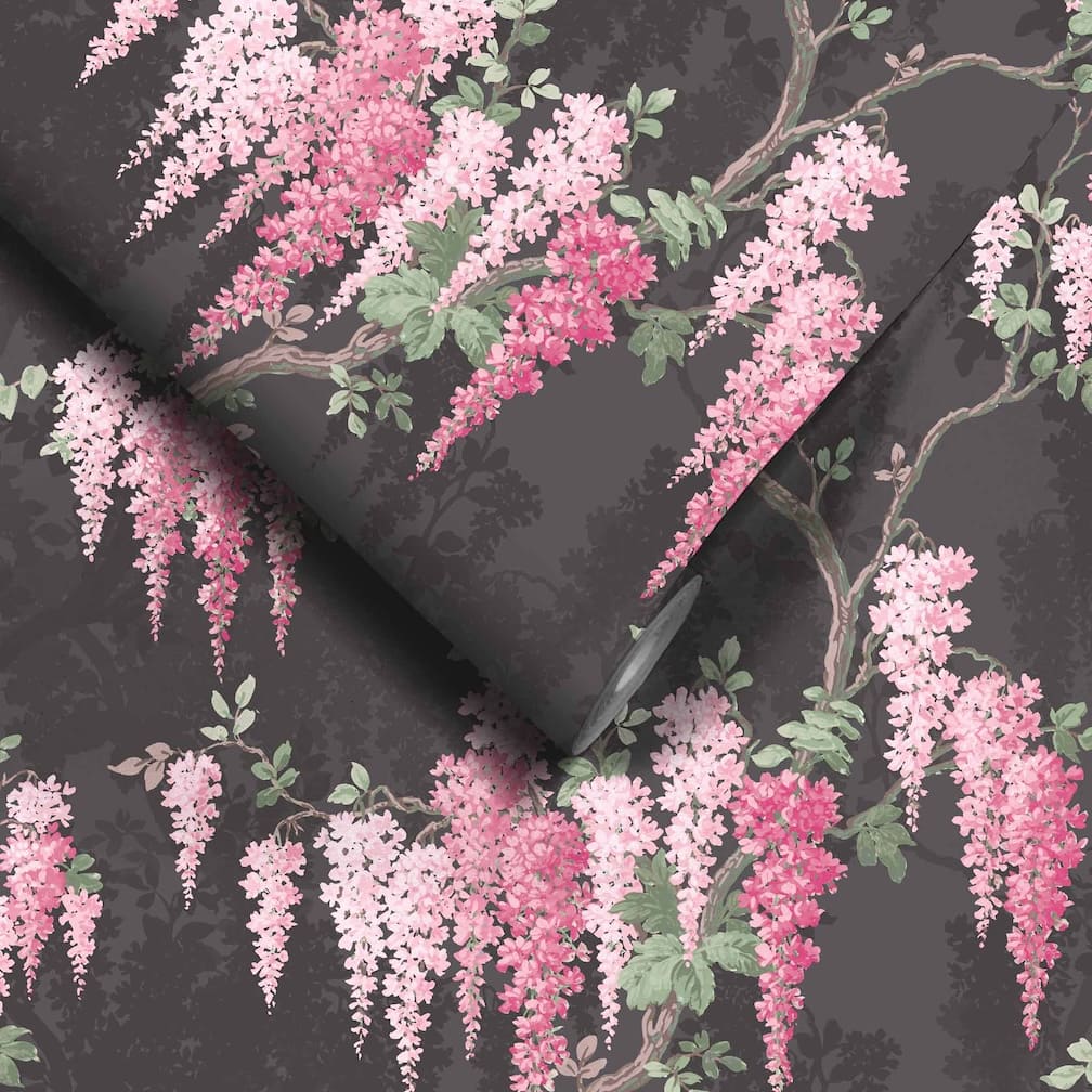 Woodchip & Magnolia Wisteria Noir Black Wallpaper
