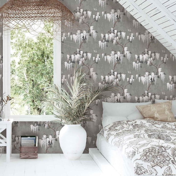 Woodchip & Magnolia Wisteria in Latte/Slate Grey Wallpaper