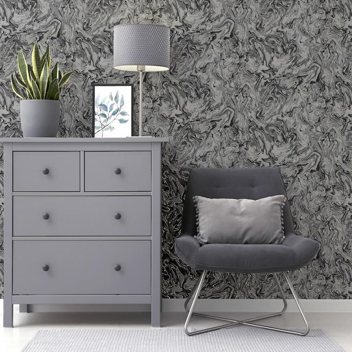 - Arthouse Liquid Marble Charcoal Wallpaper - 693903 - Decor Warehouse