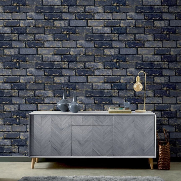 - Arthouse Metallic Brick Navy/Gold Wallpaper - 692200 - Decor Warehouse