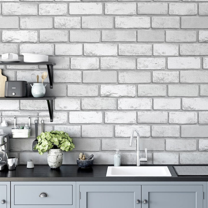 - Arthouse Metallic Brick White/Silver Wallpaper - 692201 - Decor Warehouse