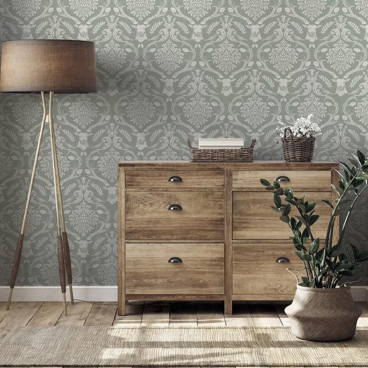 - Arthouse Stag Damask Sage Green Wallpaper - 923706 - Decor Warehouse
