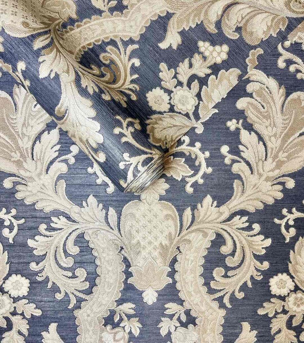 Ascot Blue & Gold Damask Wallpaper Roll