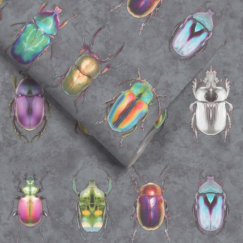 - Beetle Jewels Multi Charcoal Wallpaper - WM - 092 - 1 - Decor Warehouse