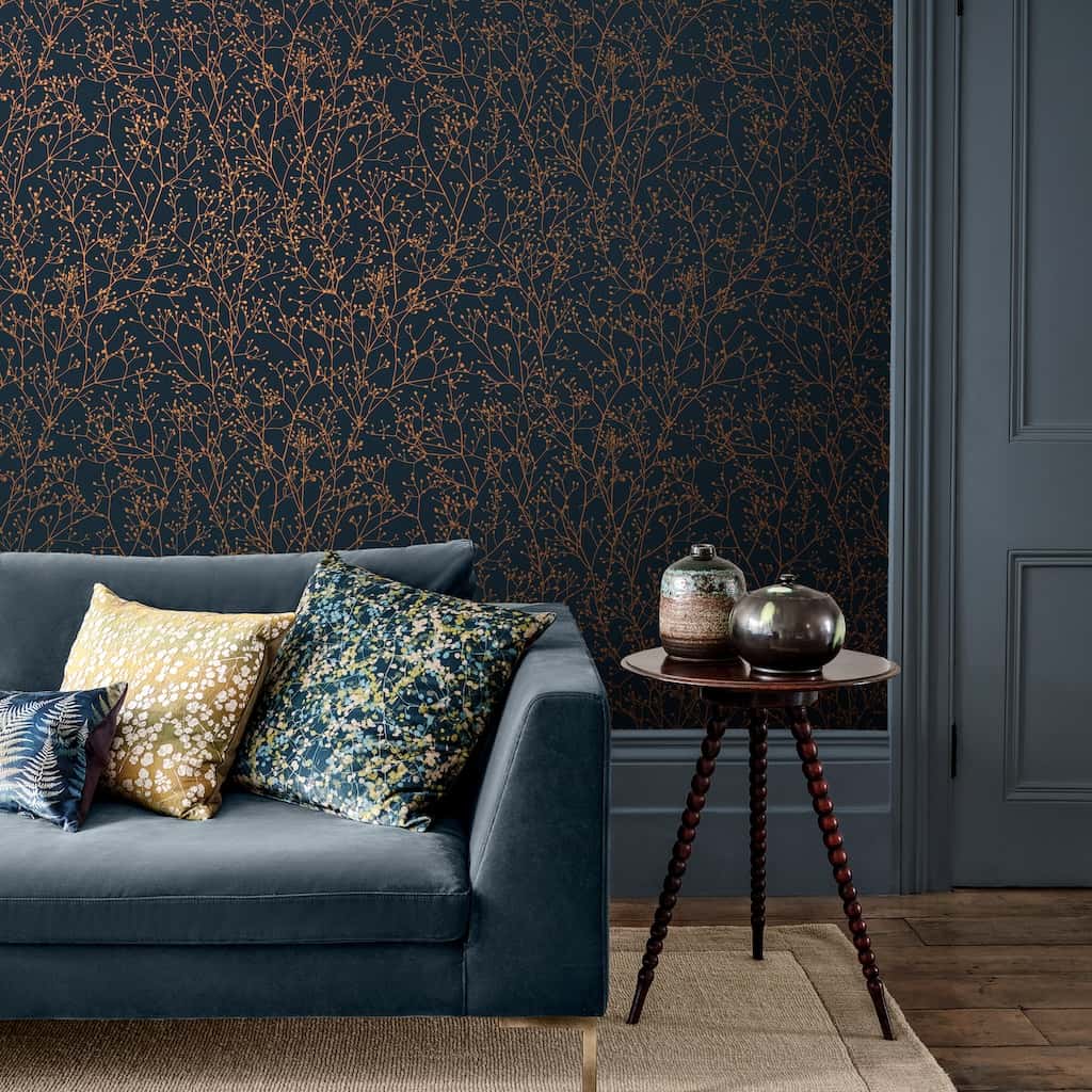 - Clarissa Hulse Gypsophila Midnight & Copper Wallpaper - 120381 - Decor Warehouse