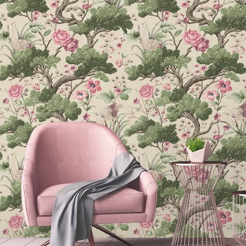 - Crane Bird Rose Pink / Cream Wallpaper - WM - 171 - Decor Warehouse