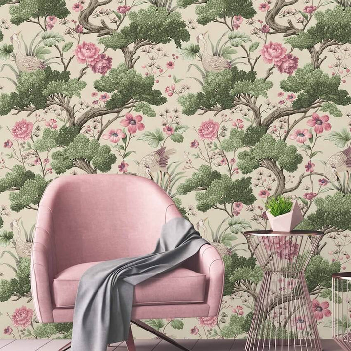 - Crane Bird Rose Pink / Cream Wallpaper - WM - 171 - Decor Warehouse