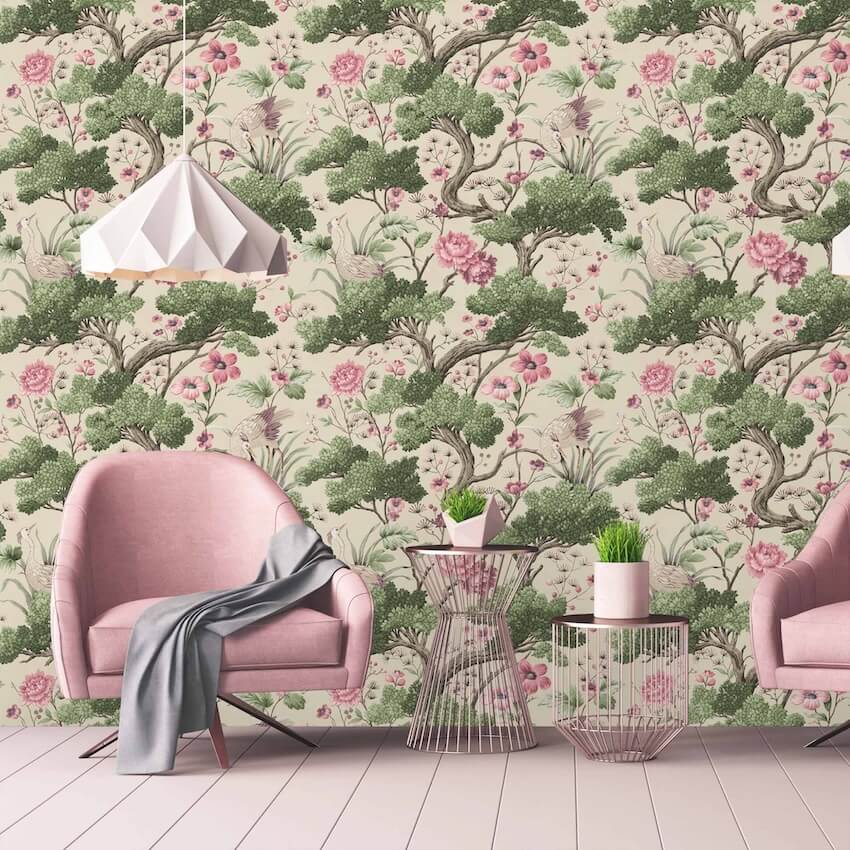 - Crane Bird Rose Pink / Cream Wallpaper - WM - 171 - Decor Warehouse