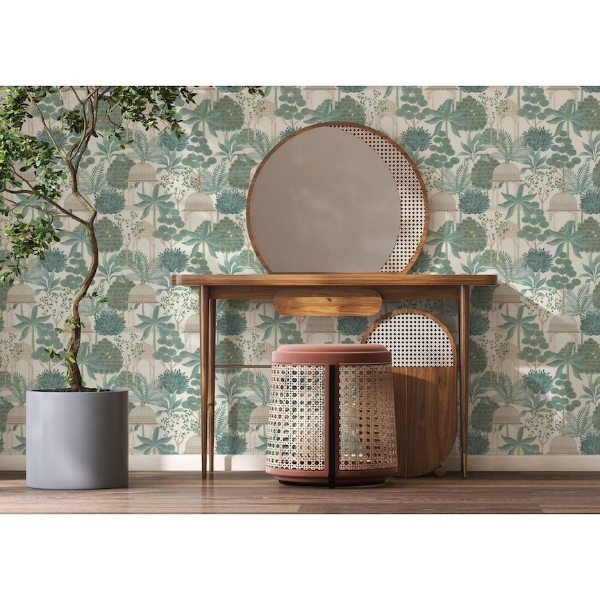 - Esselle Exotic Pavilion Parchment/Green Wallpaper - 100015EH - Decor Warehouse