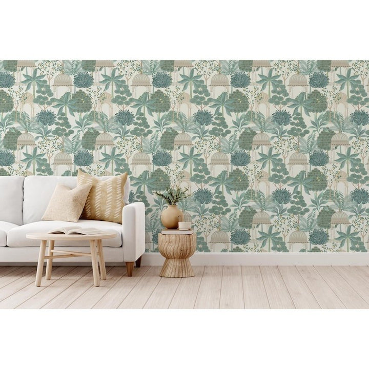 - Esselle Exotic Pavilion Parchment/Green Wallpaper - 100015EH - Decor Warehouse