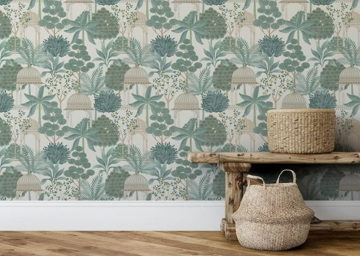 - Esselle Exotic Pavilion Parchment/Green Wallpaper - 100015EH - Decor Warehouse